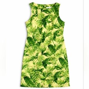 VTG Linen/cotton tropical print beading shift mini dress size 14